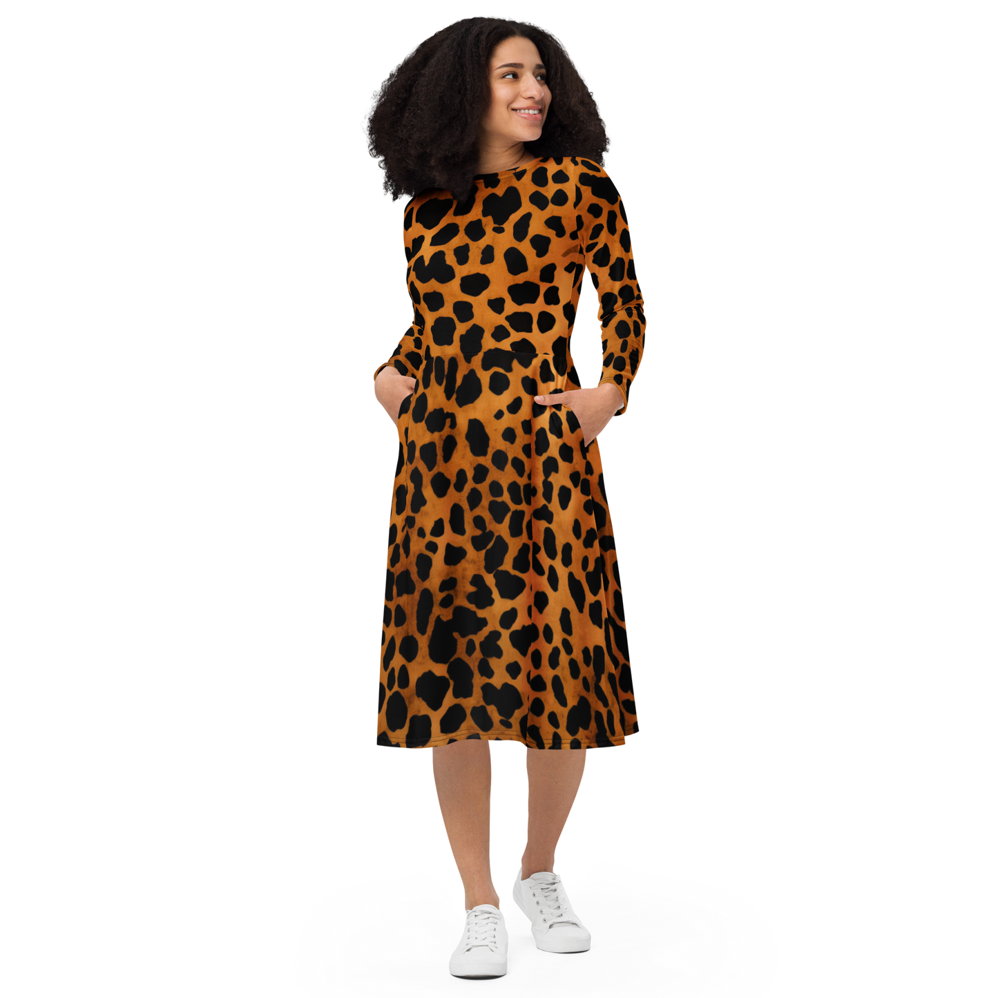 Leopard Pattern: All-Over Print Long Sleeve Midi Dress