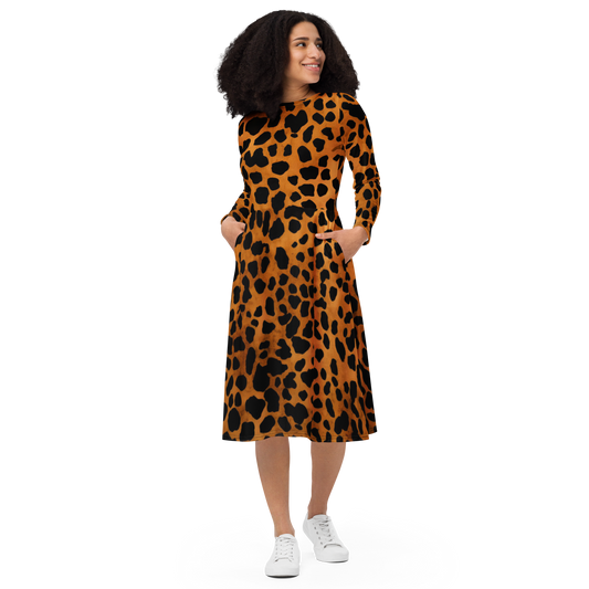 Leopard Pattern: All-Over Print Long Sleeve Midi Dress