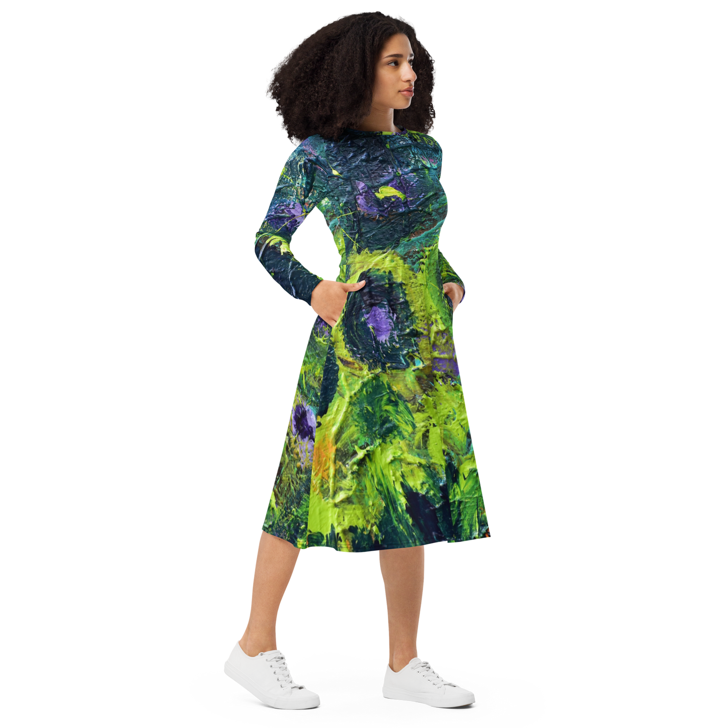 All-Over Print Long Sleeve Midi Dress