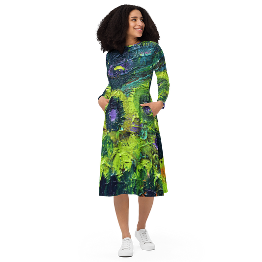 All-Over Print Long Sleeve Midi Dress