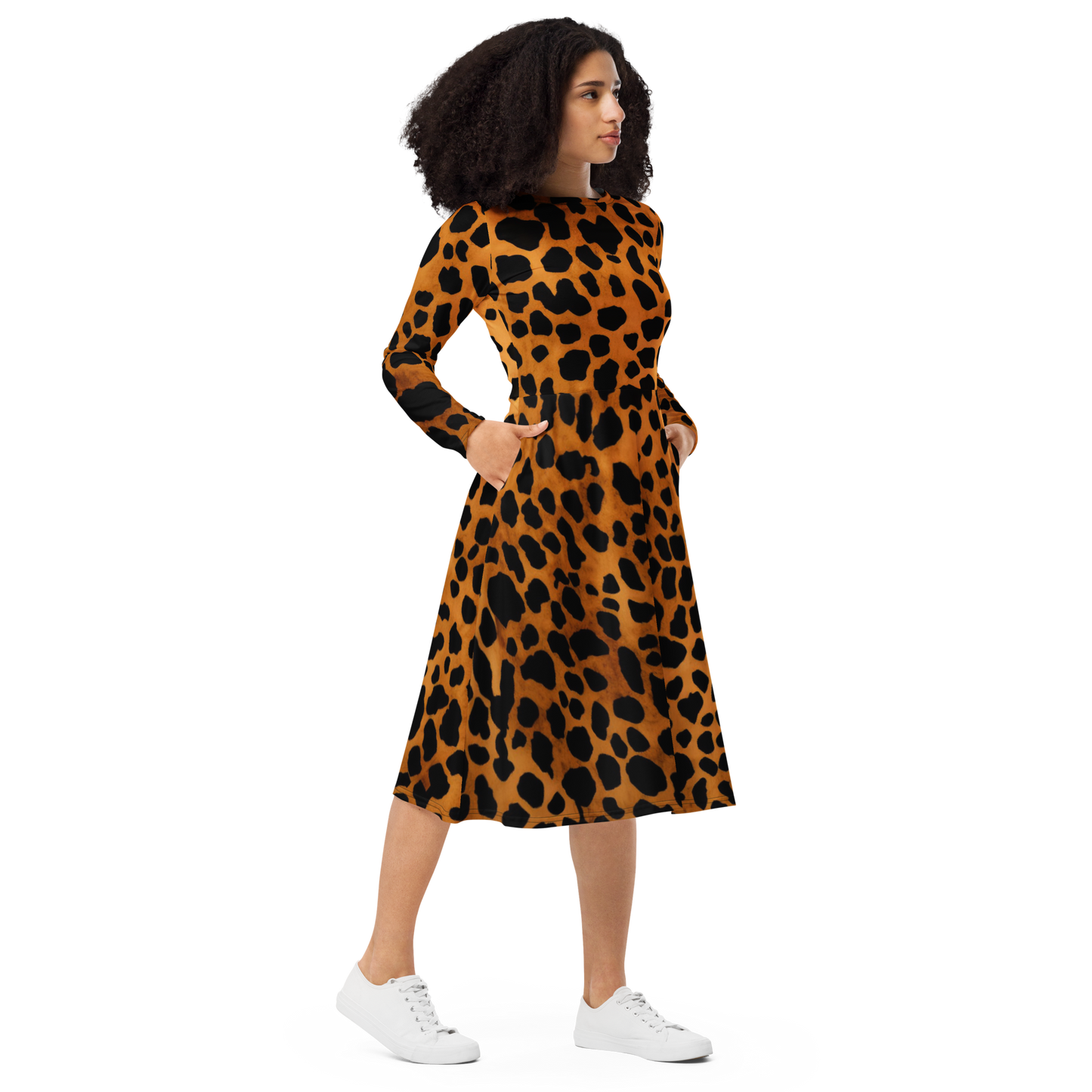 Leopard Pattern: All-Over Print Long Sleeve Midi Dress