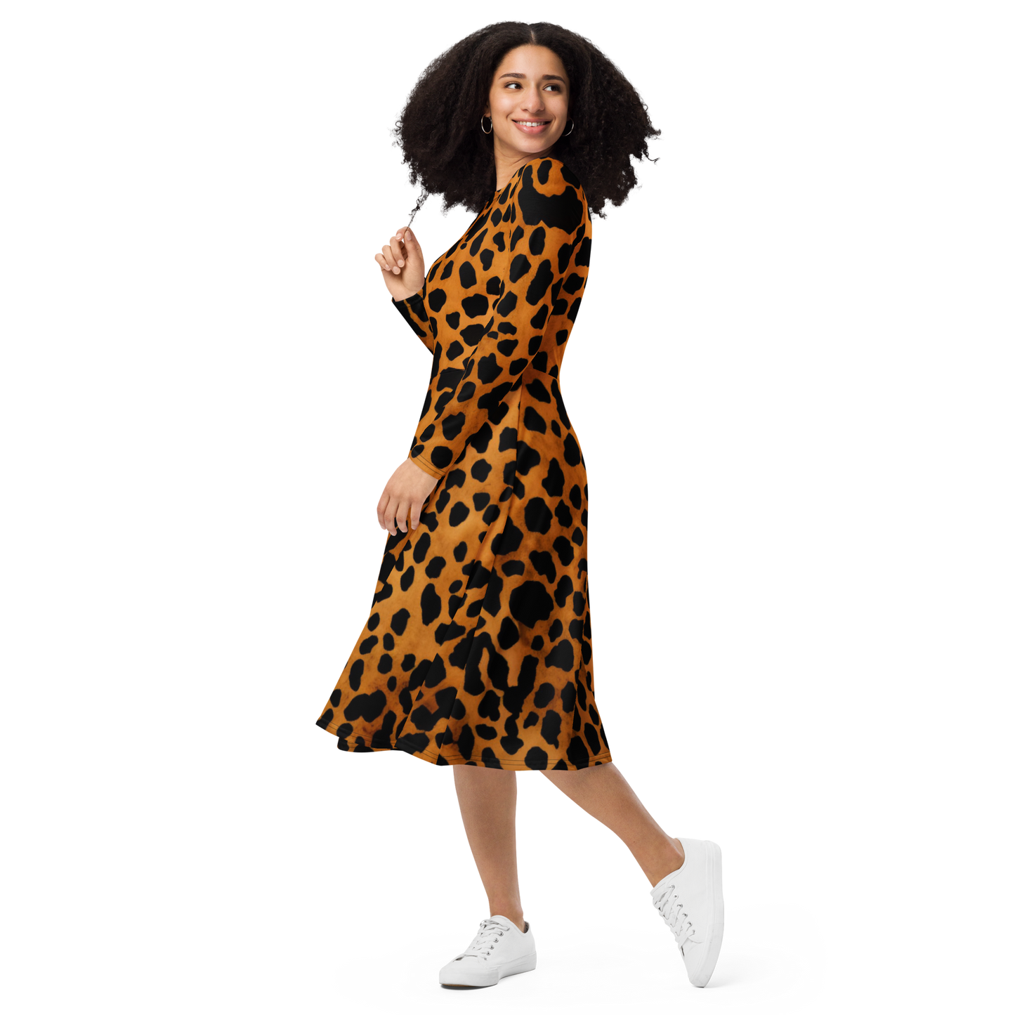 Leopard Pattern: All-Over Print Long Sleeve Midi Dress