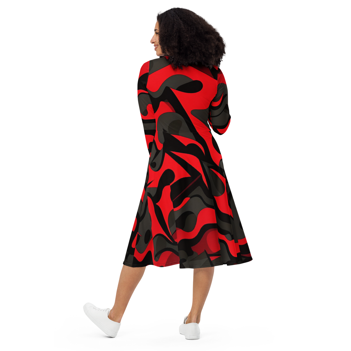 All-Over Print Long Sleeve Midi Dress