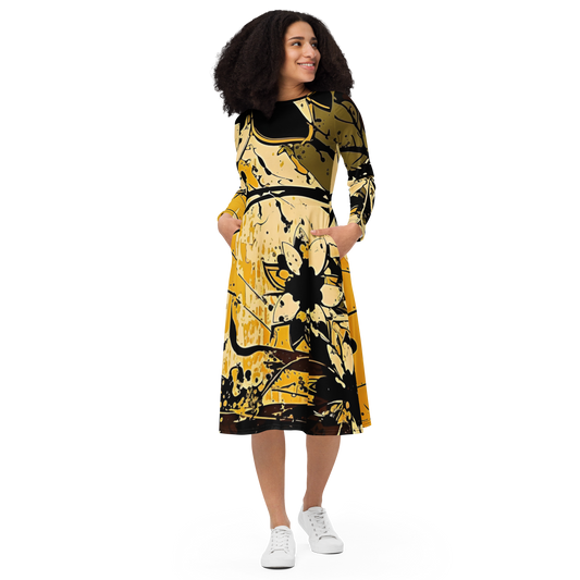All-Over Print Long Sleeve Midi Dress