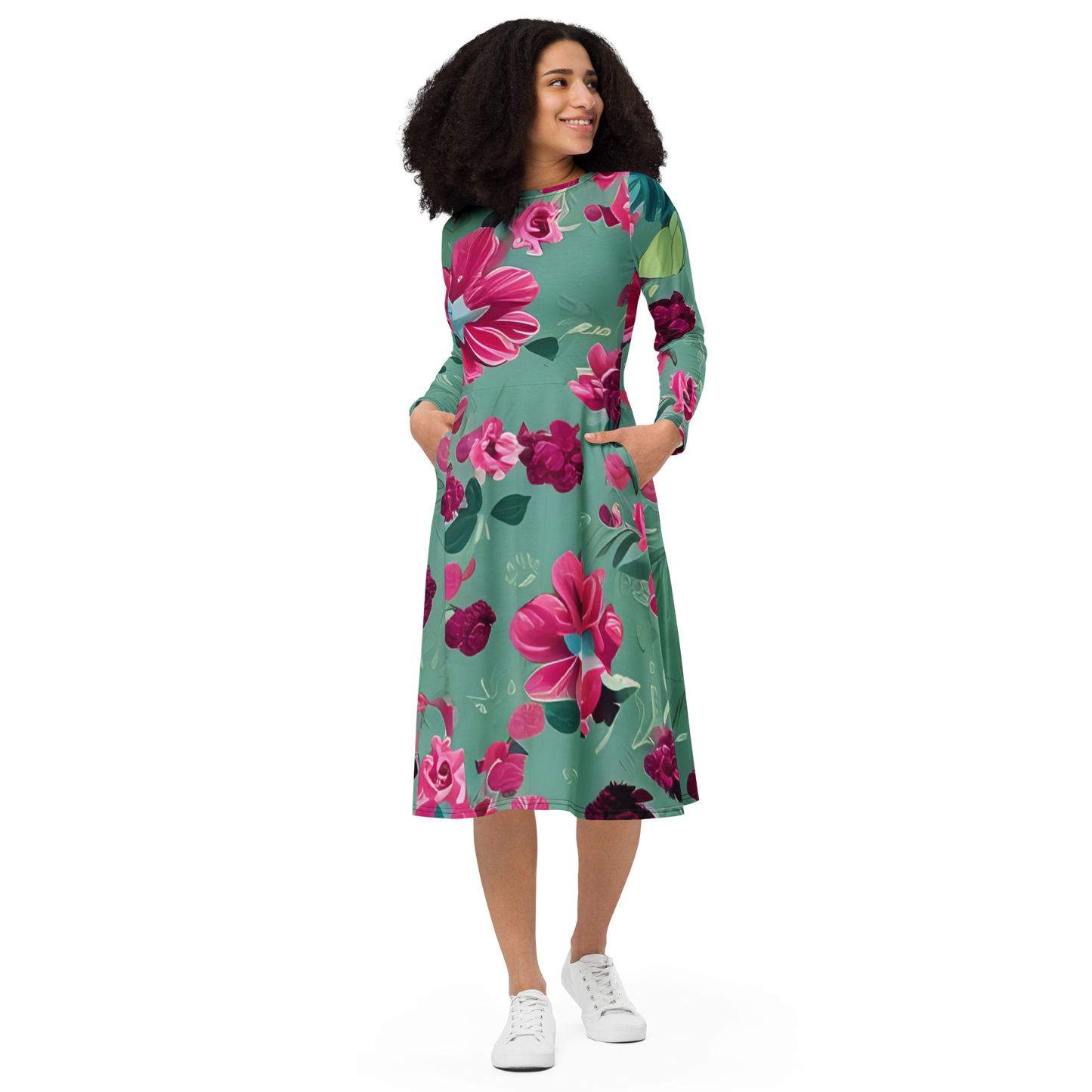 All-Over Print Long Sleeve Midi Dress