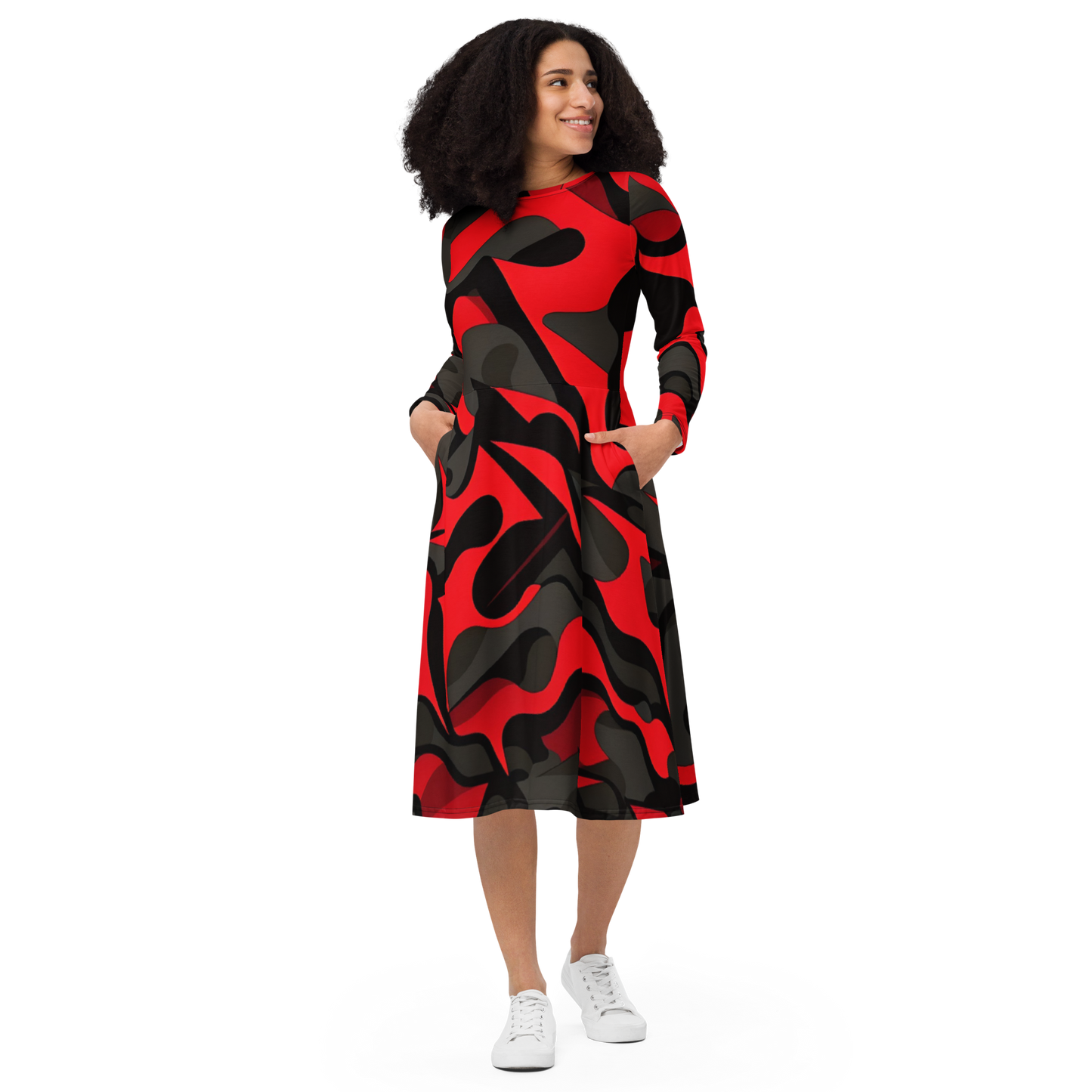 All-Over Print Long Sleeve Midi Dress