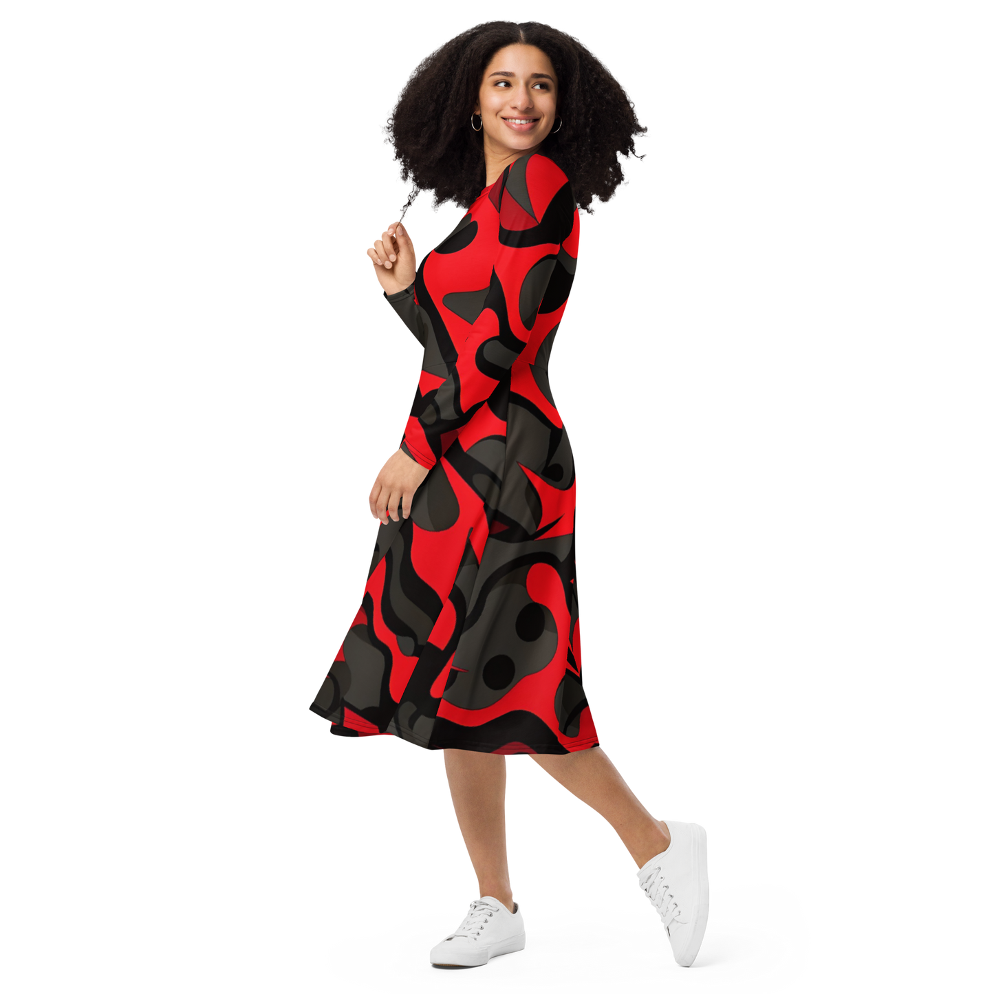 All-Over Print Long Sleeve Midi Dress